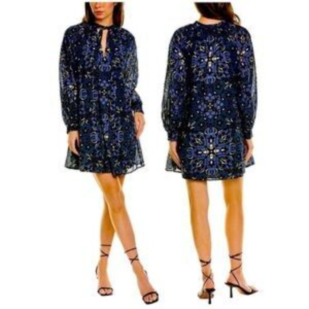 Joie Tunic Dress Blue Black Floral Boho Sheer Long Sleeve – Women’s S